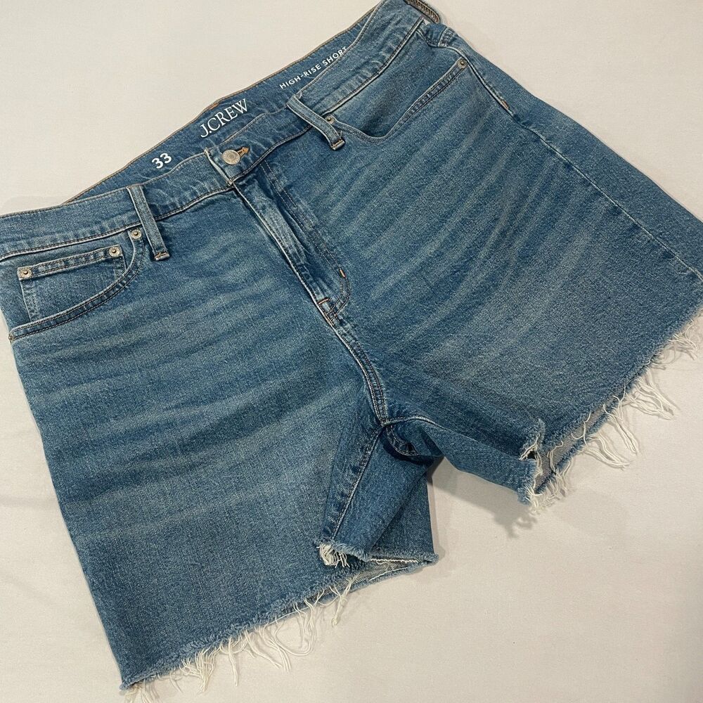 ~ J.CREW 33 Jean Short High Rise Cut Off Raw Blue Med Wash Festival Beach Summer
